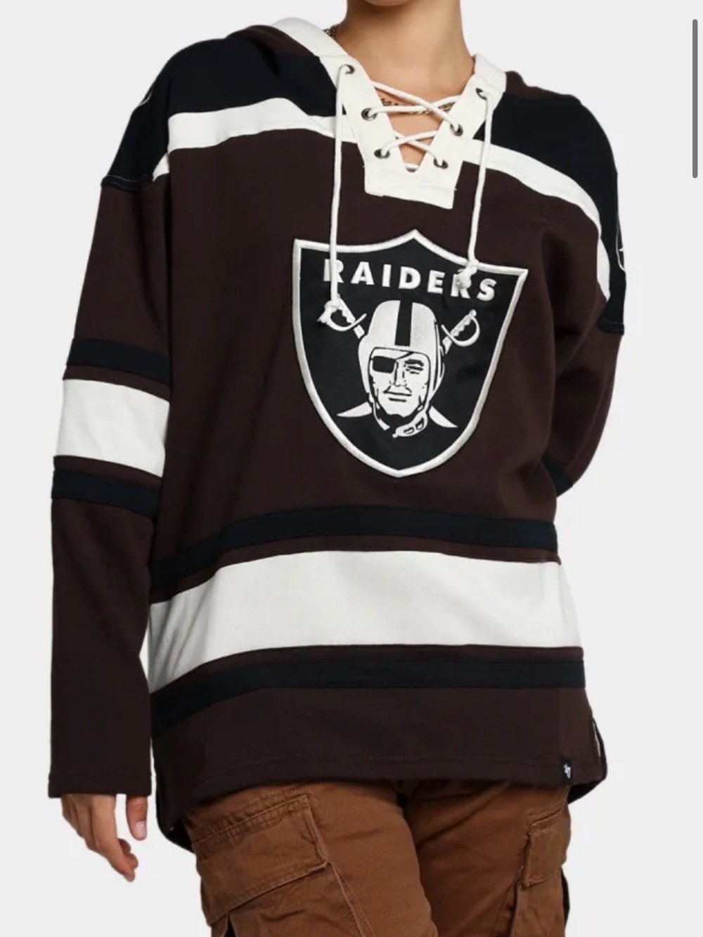 47 Raiders Lace-Up Hockey Jersey Hoodie - Brown & White
